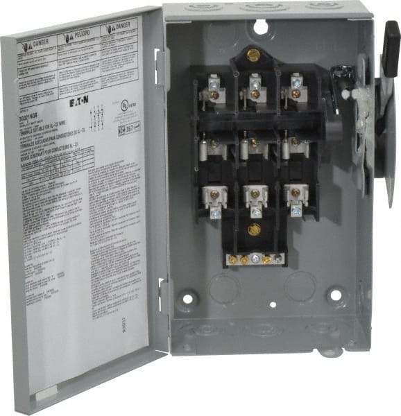Eaton Cutler-Hammer - 30 Amp, 240 VAC, 3 Pole Fused Safety Switch - NEMA 1, 1 Phase, 1-1/2 to 3 hp at 240 VAC (Single Phase), 3 to 7-1/2 hp at 240 VAC (Triple Phase), 3PST Contact Form - USA Tool & Supply