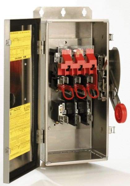 Eaton Cutler-Hammer - 100 Amp, 250 VDC, 480-600 VAC, 3 Pole Fused Safety Switch - NEMA 3R, 3 Phase, 30 hp at 480 VAC, 40 hp at 600 VAC (Single Phase), 60 hp at 480 VAC, 75 hp at 600 VAC (Triple Phase), 3PST Contact Form - USA Tool & Supply