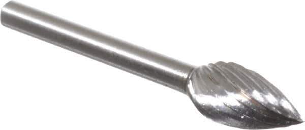 Made in USA - 1/4" Cut Diam, 1/8" Shank Diam, Flame Head Single Cut Burr - High Speed Steel, Radius End, 1/2" LOC, 1-1/2" OAL - USA Tool & Supply