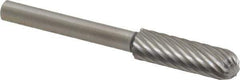 Made in USA - 3/16" Cut Diam, 1/8" Shank Diam, Cylinder with Radius Head Single Cut Burr - High Speed Steel, Radius End, 5/8" LOC, 1-1/2" OAL - USA Tool & Supply