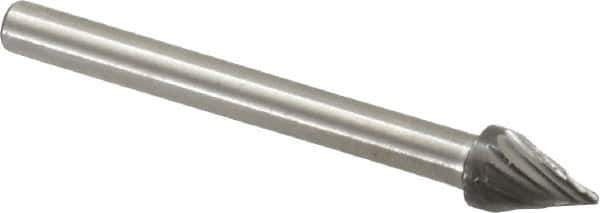 Made in USA - 3/16" Cut Diam, 1/8" Shank Diam, Cone Head Single Cut Burr - High Speed Steel, Point End, 1/4" LOC, 1-1/2" OAL - USA Tool & Supply
