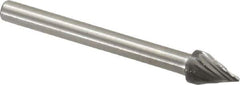 Made in USA - 3/16" Cut Diam, 1/8" Shank Diam, Cone Head Single Cut Burr - High Speed Steel, Point End, 1/4" LOC, 1-1/2" OAL - USA Tool & Supply