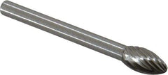 Made in USA - 3/16" Cut Diam, 1/8" Shank Diam, Flame Head Single Cut Burr - High Speed Steel, Radius End, 3/8" LOC, 1-1/2" OAL - USA Tool & Supply