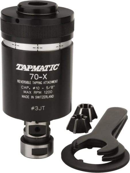 Tapmatic - Model 70X, No. 10 Min Tap Capacity, 5/8 Inch Max Mild Steel Tap Capacity, JT3 Mount Tapping Head - 24100 (J441), 24500 (J445) Compatible, Includes Tap Clamping Wrenches and 2 collets, for Manual Machines - Exact Industrial Supply