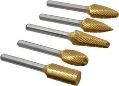 Made in USA - 5 Piece, 1/2" Shank Burr Set - Tungsten Carbide, Multiple Head Shape - USA Tool & Supply