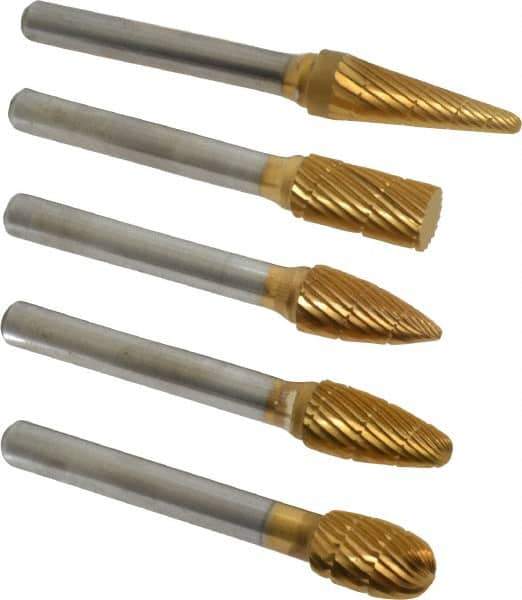 Made in USA - 5 Piece, 3/8" Shank Burr Set - Tungsten Carbide, Multiple Head Shape - USA Tool & Supply