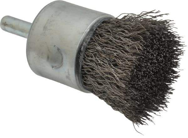 Weiler - 1" Brush Diam, Crimped, End Brush - 1/4" Diam Steel Shank, 22,000 Max RPM - USA Tool & Supply