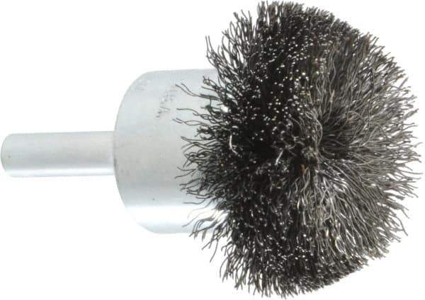 Weiler - 1-1/2" Brush Diam, Crimped, Flared End Brush - 1/4" Diam Shank, 20,000 Max RPM - USA Tool & Supply