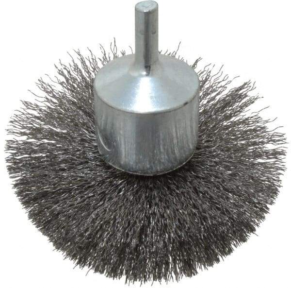 Weiler - 3" Brush Diam, Crimped, Flared End Brush - 1/4" Diam Shank, 16,000 Max RPM - USA Tool & Supply