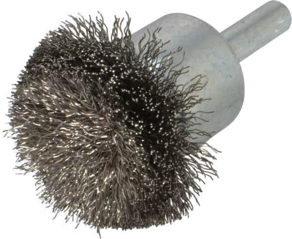 Weiler - 1-1/2" Brush Diam, Crimped, Flared End Brush - 1/4" Diam Shank, 20,000 Max RPM - USA Tool & Supply