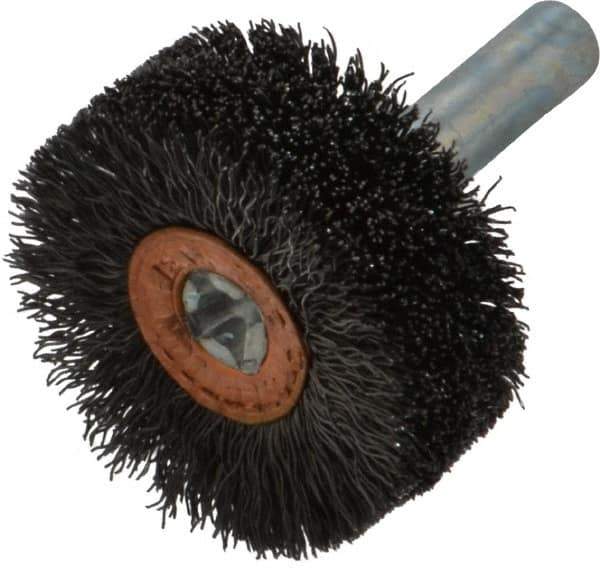 Weiler - 1-1/4" OD, 1/4" Shank Diam, Crimped Steel Wheel Brush - 1/2" Face Width, 3/8" Trim Length, 0.008" Filament Diam, 20,000 RPM - USA Tool & Supply