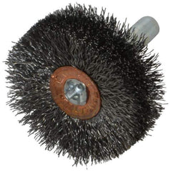 Weiler - 1-1/2" OD, 1/4" Shank Diam, Crimped Steel Wheel Brush - 1/2" Face Width, 1/2" Trim Length, 0.008" Filament Diam, 20,000 RPM - USA Tool & Supply
