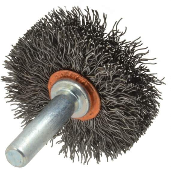 Weiler - 1-1/2" OD, 1/4" Shank Diam, Crimped Steel Wheel Brush - 1/2" Face Width, 1/2" Trim Length, 0.0118" Filament Diam, 20,000 RPM - USA Tool & Supply