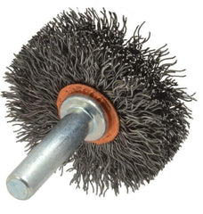 Weiler - 1-1/2" OD, 1/4" Shank Diam, Crimped Steel Wheel Brush - 1/2" Face Width, 1/2" Trim Length, 0.0118" Filament Diam, 20,000 RPM - USA Tool & Supply