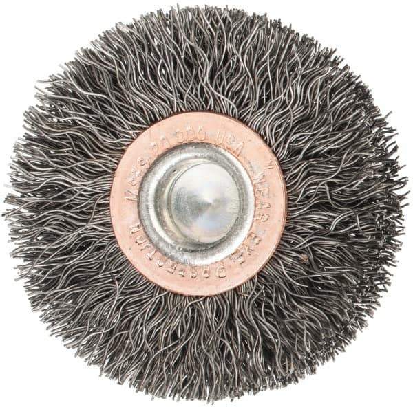 Weiler - 2" OD, 1/4" Shank Diam, Crimped Steel Wheel Brush - 3/8" Face Width, 1/2" Trim Length, 0.0118" Filament Diam, 20,000 RPM - USA Tool & Supply