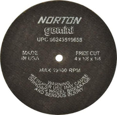 Norton - 4" Aluminum Oxide Cutoff Wheel - 1/8" Thick, 1/4" Arbor, 19,100 Max RPM, Use with Die Grinders - USA Tool & Supply