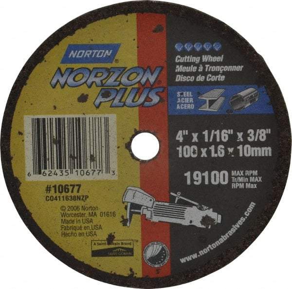 Norton - 4" Ceramic Cutoff Wheel - 1/16" Thick, 3/8" Arbor, 19,100 Max RPM, Use with Die Grinders - USA Tool & Supply