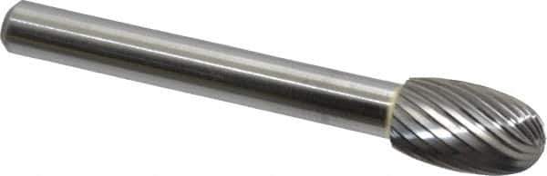 Made in USA - 3/8" Cut Diam, 6mm Shank Diam, Oval Head Single Cut Burr - Carbide, Radius End, 5/8" LOC, 2-3/8" OAL - USA Tool & Supply