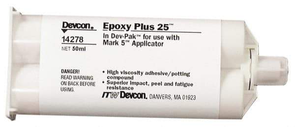 Devcon - 50 mL Cartridge Two Part Epoxy - 25 min Working Time, 2,750 psi Shear Strength - USA Tool & Supply