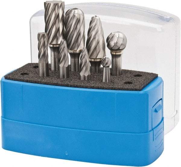 Made in USA - 8 Piece, 1/4" Shank Burr Set - Tungsten Carbide, Multiple Head Shape - USA Tool & Supply