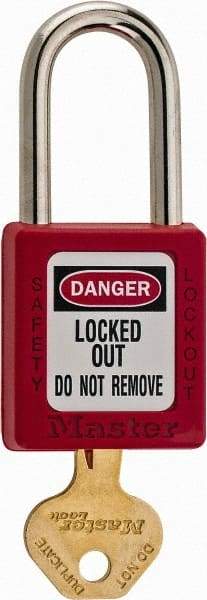 Master Lock - Keyed Different Nonconductive Lockout Padlock - 1-1/2" Shackle Clearance, 1/4" Shackle Diam, 1-3/4" Body Height x 1-1/2" Body Width, Red, 6 Pins - USA Tool & Supply
