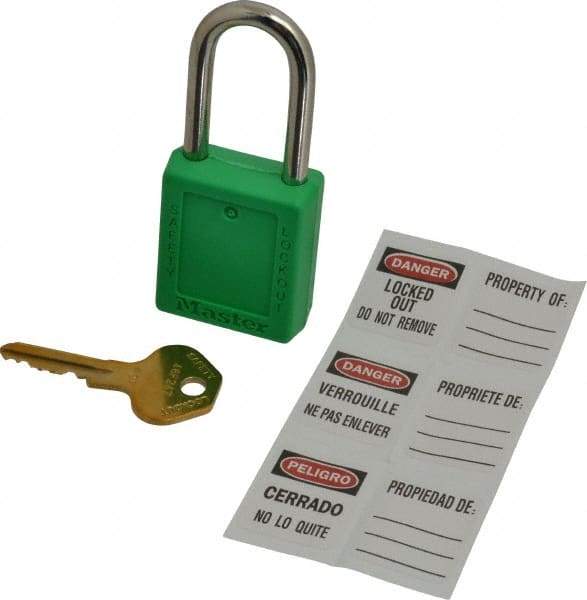 Master Lock - Keyed Different Nonconductive Lockout Padlock - 1-1/2" Shackle Clearance, 1/4" Shackle Diam, 1-3/4" Body Height x 1-1/2" Body Width, Green, 6 Pins - USA Tool & Supply