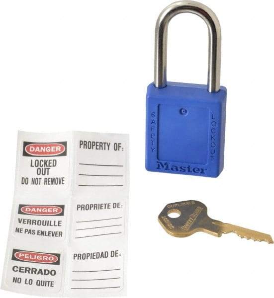 Master Lock - Keyed Alike Conductive Lockout Padlock - 1-1/2" Shackle Clearance, 1/4" Shackle Diam, 1-3/4" Body Height x 1-1/2" Body Width, Blue, 6 Pins - USA Tool & Supply