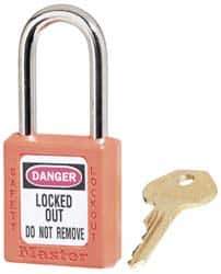 Master Lock - Keyed Alike Conductive Lockout Padlock - 1-1/2" Shackle Clearance, 1/4" Shackle Diam, 1-3/4" Body Height x 1-1/2" Body Width, Orange, 6 Pins - USA Tool & Supply