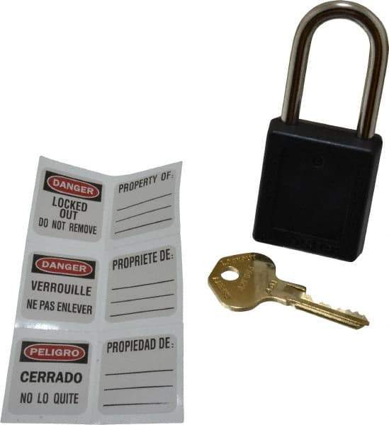 Master Lock - Keyed Different Nonconductive Lockout Padlock - 1-1/2" Shackle Clearance, 1/4" Shackle Diam, 1-3/4" Body Height x 1-1/2" Body Width, Black, 6 Pins - USA Tool & Supply