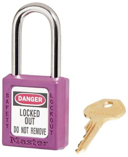 Master Lock - Keyed Alike Conductive Lockout Padlock - 1-1/2" Shackle Clearance, 1/4" Shackle Diam, 1-3/4" Body Height x 1-1/2" Body Width, Purple, 6 Pins - USA Tool & Supply