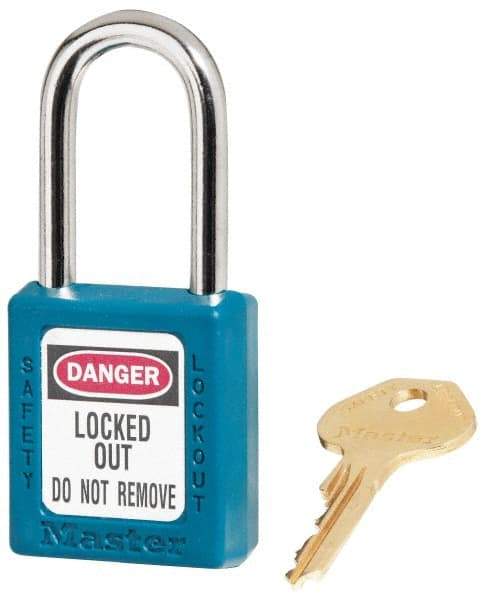 Master Lock - Keyed Alike Conductive Lockout Padlock - 1-1/2" Shackle Clearance, 1/4" Shackle Diam, 1-3/4" Body Height x 1-1/2" Body Width, Teal, 6 Pins - USA Tool & Supply