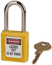 Master Lock - Keyed Alike Nonconductive Lockout Padlock - 1-1/2" Shackle Clearance, 1/4" Shackle Diam, 1-3/4" Body Height x 1-1/2" Body Width, Yellow, 6 Pins - USA Tool & Supply