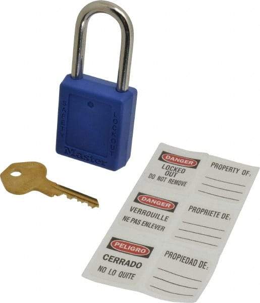 Master Lock - Keyed Alike Nonconductive Lockout Padlock - 1-1/2" Shackle Clearance, 1/4" Shackle Diam, 1-3/4" Body Height x 1-1/2" Body Width, Blue, 6 Pins - USA Tool & Supply