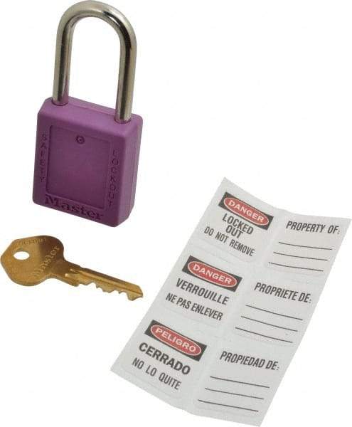 Master Lock - Keyed Alike Nonconductive Lockout Padlock - 1-1/2" Shackle Clearance, 1/4" Shackle Diam, 1-3/4" Body Height x 1-1/2" Body Width, Purple, 6 Pins - USA Tool & Supply