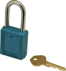 Master Lock - Keyed Alike Nonconductive Lockout Padlock - 1-1/2" Shackle Clearance, 1/4" Shackle Diam, 1-3/4" Body Height x 1-1/2" Body Width, Teal, 6 Pins - USA Tool & Supply