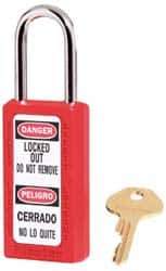 Master Lock - Keyed Alike Nonconductive Lockout Padlock - 1-1/2" Shackle Clearance, 1/4" Shackle Diam, 3" Body Height x 1-1/2" Body Width, Red, 6 Pins - USA Tool & Supply