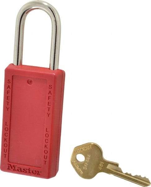 Master Lock - Keyed Different Nonconductive Lockout Padlock - 1-1/2" Shackle Clearance, 1/4" Shackle Diam, 3" Body Height x 1-1/2" Body Width, Red, 6 Pins - USA Tool & Supply