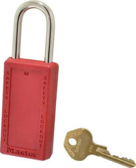Master Lock - Keyed Different Nonconductive Lockout Padlock - 1-1/2" Shackle Clearance, 1/4" Shackle Diam, 3" Body Height x 1-1/2" Body Width, Red, 6 Pins - USA Tool & Supply