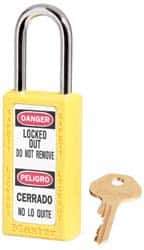 Master Lock - Keyed Different Nonconductive Lockout Padlock - 1-1/2" Shackle Clearance, 1/4" Shackle Diam, 3" Body Height x 1-1/2" Body Width, Yellow, 6 Pins - USA Tool & Supply