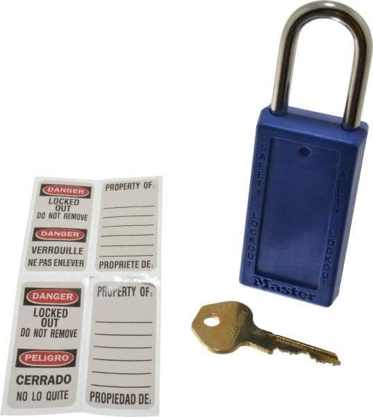 Master Lock - Keyed Different Nonconductive Lockout Padlock - 1-1/2" Shackle Clearance, 1/4" Shackle Diam, 3" Body Height x 1-1/2" Body Width, Blue, 6 Pins - USA Tool & Supply