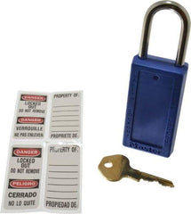 Master Lock - Keyed Different Nonconductive Lockout Padlock - 1-1/2" Shackle Clearance, 1/4" Shackle Diam, 3" Body Height x 1-1/2" Body Width, Blue, 6 Pins - USA Tool & Supply