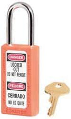 Master Lock - Keyed Alike Nonconductive Lockout Padlock - 1-1/2" Shackle Clearance, 1/4" Shackle Diam, 3" Body Height x 1-1/2" Body Width, Orange, 6 Pins - USA Tool & Supply