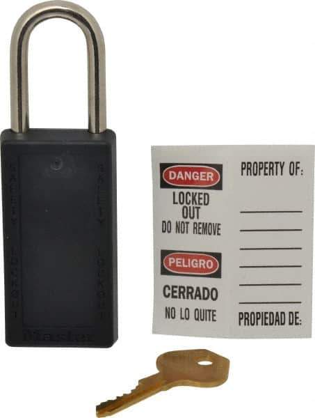 Master Lock - Keyed Different Nonconductive Lockout Padlock - 1-1/2" Shackle Clearance, 1/4" Shackle Diam, 3" Body Height x 1-1/2" Body Width, Black, 6 Pins - USA Tool & Supply