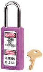 Master Lock - Keyed Alike Nonconductive Lockout Padlock - 1-1/2" Shackle Clearance, 1/4" Shackle Diam, 3" Body Height x 1-1/2" Body Width, Purple, 6 Pins - USA Tool & Supply