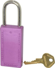 Master Lock - Keyed Different Nonconductive Lockout Padlock - 1-1/2" Shackle Clearance, 1/4" Shackle Diam, 3" Body Height x 1-1/2" Body Width, Purple, 6 Pins - USA Tool & Supply