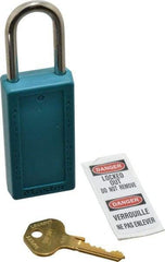 Master Lock - Keyed Different Nonconductive Lockout Padlock - 1-1/2" Shackle Clearance, 1/4" Shackle Diam, 3" Body Height x 1-1/2" Body Width, Teal, 6 Pins - USA Tool & Supply