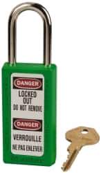 Master Lock - Keyed Alike Nonconductive Lockout Padlock - 1-1/2" Shackle Clearance, 1/4" Shackle Diam, 3" Body Height x 1-1/2" Body Width, Green, 6 Pins - USA Tool & Supply