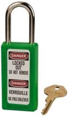 Master Lock - Keyed Alike Nonconductive Lockout Padlock - 1-1/2" Shackle Clearance, 1/4" Shackle Diam, 3" Body Height x 1-1/2" Body Width, Green, 6 Pins - USA Tool & Supply