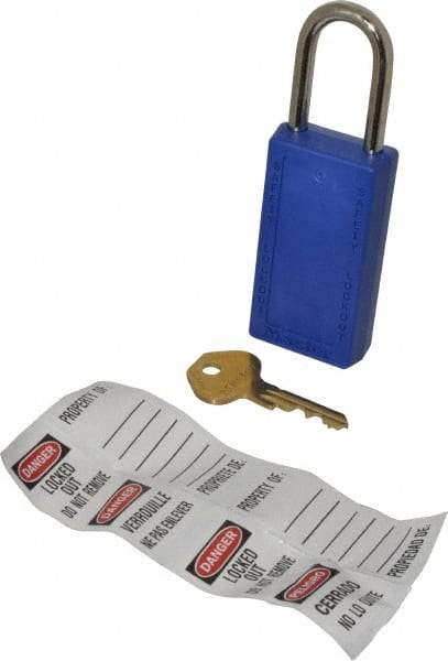Master Lock - Keyed Alike Nonconductive Lockout Padlock - 1-1/2" Shackle Clearance, 1/4" Shackle Diam, 3" Body Height x 1-1/2" Body Width, Blue, 6 Pins - USA Tool & Supply