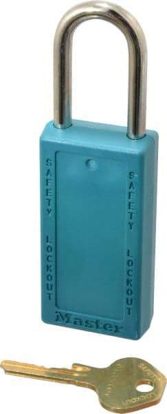 Master Lock - Keyed Alike Nonconductive Lockout Padlock - 1-1/2" Shackle Clearance, 1/4" Shackle Diam, 3" Body Height x 1-1/2" Body Width, Teal, 6 Pins - USA Tool & Supply